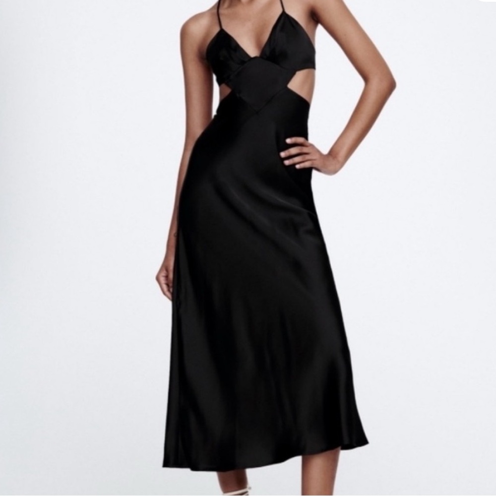 Zara Black Satin Slip Dress - Plunge Neckline